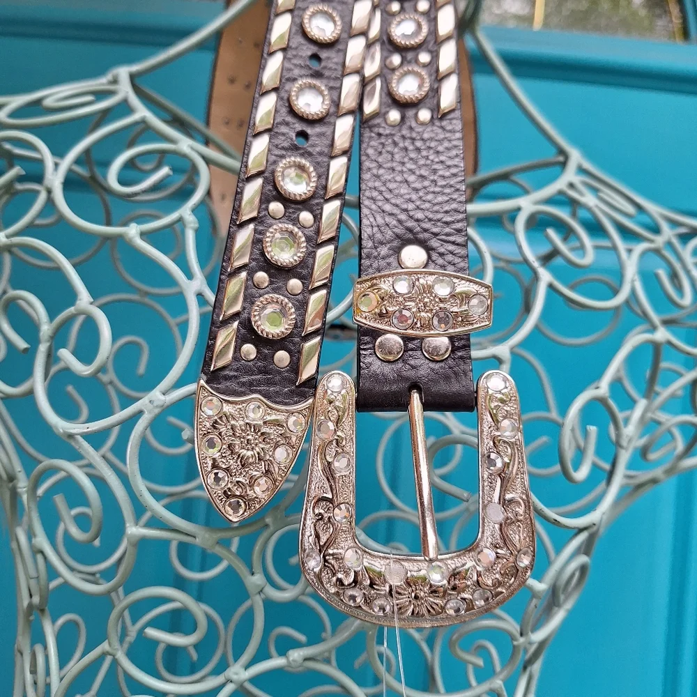 Studded Leather Belt Metal Rivets Silver Crystal Studs Womens italian Western - Picture 11 of 17
